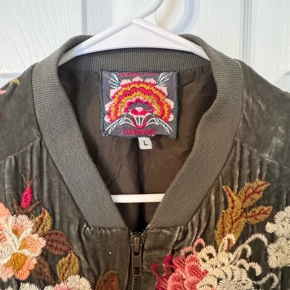 Johnny Was Olive Velvet Bomber Jacket with Floral Embroidery - Picture 3 of 5